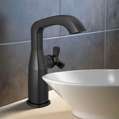 Click here to see Delta 6766-BL-DST Delta Stryke Mid-Height Bathroom Faucet, Single Handle, DIAMOND Seal, ADA, 1.2 GPM, Matte Black - 6766-BL-DST