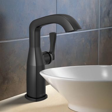 Click here to see Delta 676-BL-DST Delta Stryke Mid-Height Bathroom Faucet, Single Handle, Rigid Spout, DIAMOND Seal, ADA, 1.2 GPM, Matte Black - 676-BL-DST
