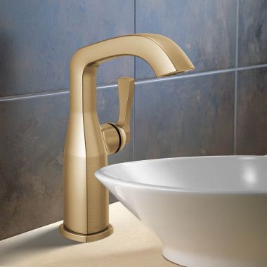 Click here to see Delta 676-CZ-PR-DST Delta Stryke Mid-Height Bathroom Faucet, Single Handle, Rigid Spout, DIAMOND Seal, ADA, 1.2 GPM, Lumicoat Champagne Bronze - 676-CZ-PR-DST