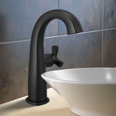 Click here to see Delta 6776-BL-DST Delta Stryke Mid-Height Bathroom Faucet, Single Handle, Rigid Spout, DIAMOND Seal, ADA, 1.2 GPM, Matte Black - 6776-BL-DST