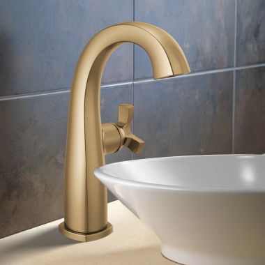 Click here to see Delta 6776-CZ-PR-DST Delta Stryke Mid-Height Bathroom Faucet, Single Handle, Rigid Spout, DIAMOND Seal, ADA, 1.2 GPM, Lumicoat Champagne Bronze - 6776-CZ-PR-DST