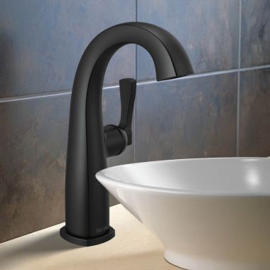 Click here to see Delta 677-BL-DST Delta Stryke Mid-Height Bathroom Faucet, Single Lever Handle, DIAMOND Seal, ADA, 1.2 GPM, Matte Black - 677-BL-DST