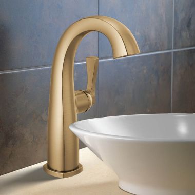 Click here to see Delta 677-CZ-PR-DST Delta Stryke Mid-Height Bathroom Faucet, Single Lever Handle, DIAMOND Seal, ADA, 1.2 GPM, Lumicoat Champagne Bronze - 677-CZ-PR-DST