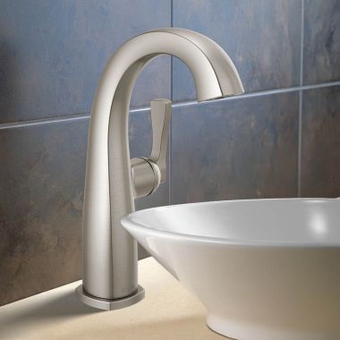 Click here to see Delta 677-SS-PR-DST Delta Stryke Mid-Height Bathroom Faucet, Single Lever Handle, DIAMOND Seal, ADA, 1.2 GPM, Lumicoat Stainless - 677-SS-PR-DST