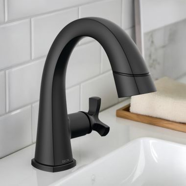 Click here to see Delta 5776-BLPD-DST Delta Stryke Pull-Down Bathroom Faucet, Single Handle, DIAMOND Seal, MagnaTite, 1.2 GPM, Matte Black - 5776-BLPD-DST