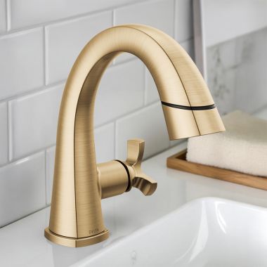 Click here to see Delta 5776-CZPD-PR-DST Delta Stryke Pull-Down Bathroom Faucet, Single Handle, DIAMOND Seal, MagnaTite, 1.2 GPM, Lumicoat Champagne Bronze - 5776-CZPD-PR-DST