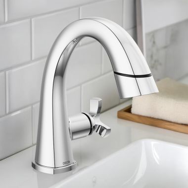 Click here to see Delta 5776-PD-PR-DST Delta Stryke Pull-Down Bathroom Faucet, Single Handle, DIAMOND Seal, MagnaTite, 1.2 GPM, Lumicoat Chrome - 5776-PD-PR-DST