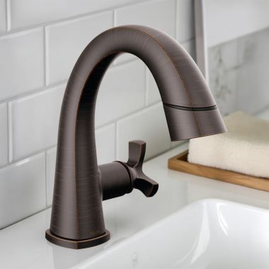 Click here to see Delta 5776-RBPD-DST Delta Stryke Pull-Down Bathroom Faucet, Single Handle, DIAMOND Seal, MagnaTite, 1.2 GPM, Venetian Bronze - 5776-RBPD-DST