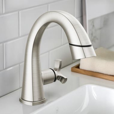Click here to see Delta 5776-SSPD-PR-DST Delta Stryke Pull-Down Bathroom Faucet, Single Handle, DIAMOND Seal, MagnaTite, 1.2 GPM, Lumicoat Stainless - 5776-SSPD-PR-DST
