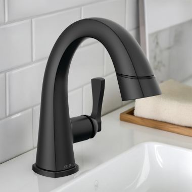 Click here to see Delta 577-BLPD-DST Delta Stryke Pull-Down Bathroom Faucet, Single Handle, DIAMOND Seal, MagnaTite, ADA, 1.2 GPM, Matte Black - 577-BLPD-DST