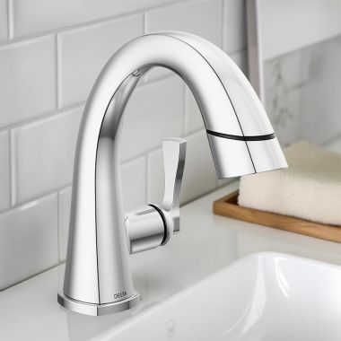 Click here to see Delta 577-PD-PR-DST Delta Stryke Pull-Down Bathroom Faucet, Single Handle, DIAMOND Seal, MagnaTite, ADA, 1.2 GPM, Lumicoat Chrome - 577-PD-PR-DST