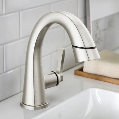 Click here to see Delta 577-SSPD-PR-DST Delta Stryke Pull-Down Bathroom Faucet, Single Handle, DIAMOND Seal, MagnaTite, ADA, 1.2 GPM, Lumicoat Stainless - 577-SSPD-PR-DST