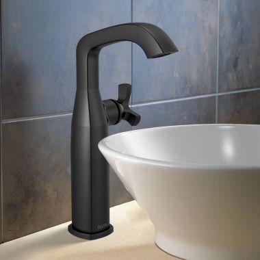 Click here to see Delta 7766-BL-DST Delta Stryke Vessel Bathroom Faucet, Single Handle, Deck-Mount, DIAMOND Seal, 1.2 GPM, Matte Black - 7766-BL-DST