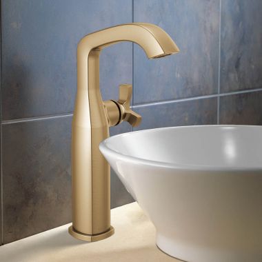 Click here to see Delta 7766-CZ-PR-DST Delta Stryke Vessel Bathroom Faucet, Single Handle, Deck-Mount, DIAMOND Seal, 1.2 GPM, Lumicoat Champagne Bronze - 7766-CZ-PR-DST