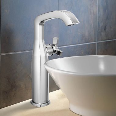 Click here to see Delta 7766-PR-DST Delta Stryke Vessel Bathroom Faucet, Single Handle, Deck-Mount, DIAMOND Seal, 1.2 GPM, Lumicoat Chrome - 7766-PR-DST