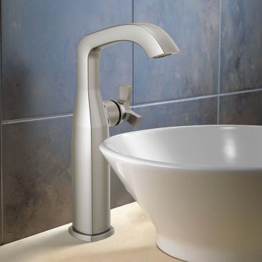 Click here to see Delta 7766-SS-PR-DST Delta Stryke Vessel Bathroom Faucet, Single Handle, Deck-Mount, DIAMOND Seal, 1.2 GPM, Lumicoat Stainless - 7766-SS-PR-DST