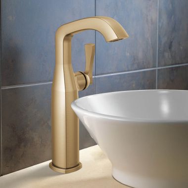 Click here to see Delta 776-CZ-PR-DST Delta Stryke Vessel Bathroom Faucet, Single Lever Handle, Deck-Mount, DIAMOND Seal, ADA, 1.2 GPM, Lumicoat Champagne Bronze - 776-CZ-PR-DST