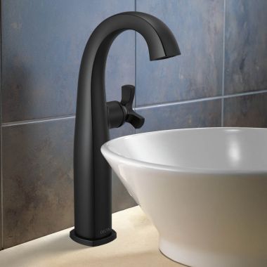 Click here to see Delta 7776-BL-DST Delta Stryke Vessel Bathroom Faucet, Single Handle,Deck-Mount, Diamond Seal, 1.2 GPM, Matte Black - 7776-BL-DST