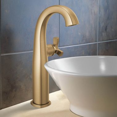 Click here to see Delta 7776-CZ-PR-DST Delta Stryke Vessel Bathroom Faucet, Single Handle, Deck-Mount, DIAMOND Seal, 1.2 GPM, Lumicoat Champagne Bronze - 7776-CZ-PR-DST