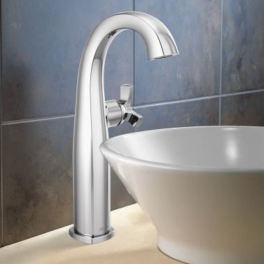 Click here to see Delta 7776-PR-DST Delta Stryke Vessel Bathroom Faucet, Single Handle, Deck-Mount, DIAMOND Seal, 1.2 GPM, Lumicoat Chrome - 7776-PR-DST