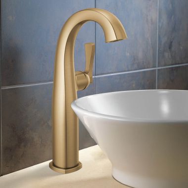 Click here to see Delta 777-CZ-PR-DST Delta Stryke Vessel Bathroom Faucet, Single Lever Handle, Deck Mount, DIAMOND Seal, ADA, 1.2 GPM, Lumicoat Champagne Bronze - 777-CZ-PR-DST