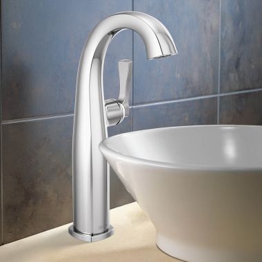 Click here to see Delta 777-PR-DST Delta Stryke Vessel Bathroom Faucet, Single Lever Handle, Deck Mount, Rigid Spout, DIAMOND Seal, ADA, 1.2 GPM, Lumicoat Chrome - 777-PR-DST