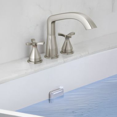 Click here to see Delta T27766-SS-PR Delta Stryke Three Hole Roman Tub Only Trim, Helo Spoke Handles, Rigid Spout, ADA, Lumicoat Stainless - T27766-SS-PR