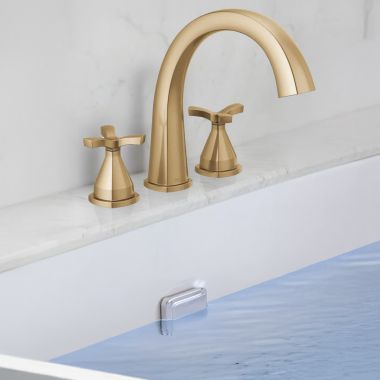 Click here to see Delta T27776-CZ-PR Delta Stryke Two-Handle Roman Tub Faucet Trim, High Arc Spout, Cross Handles, Lumicoat Champagne Bronze - T27776-CZ-PR