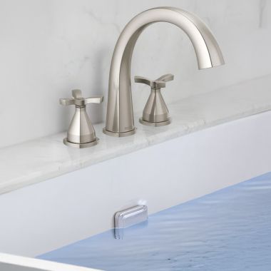 Click here to see Delta T27776-SS-PR Delta Stryke Two-Handle Roman Tub Faucet Trim, High Arc Spout, Cross Handles, Lumicoat Stainless - T27776-SS-PR