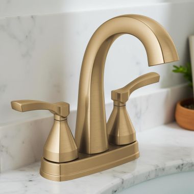 Click here to see Delta 25775-CZ-PR-MPU-DST Delta Stryke High-Arc Centerset Lavatory Faucet With Metal Pop-Up, DIAMOND Seal, 1.2 GPM, Lumicoat Champagne Bronze - 25775-CZ-PR-MPU-DST
