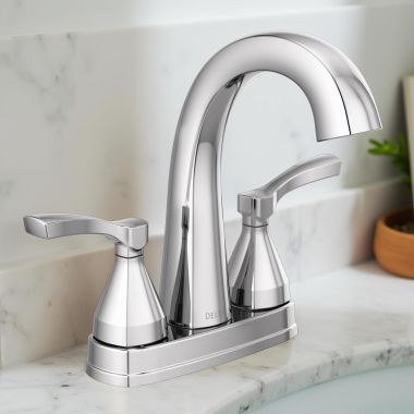 Click here to see Delta 25775-PR-MPU-DST Delta Stryke High-Arc Centerset Lavatory Faucet With Metal Pop-Up, Two-Handle, DIAMOND Seal, Lever Handles, 1.2 GPM, Lumicoat Chrome - 25775-PR-MPU-DST