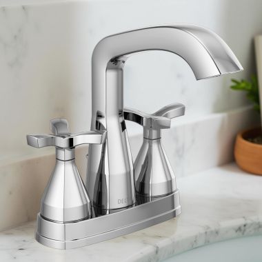 Click here to see Delta 257766-PR-MPU-DST Delta Stryke Angled Spout Centerset Lavatory Faucet With Metal Pop-Up, DIAMOND Seal, Helo Spoke Handles, 1.2 GPM, Lumicoat Chrome - 257766-PR-MPU-DST