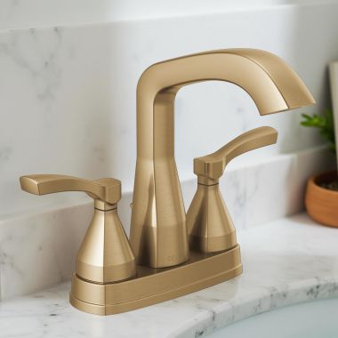 Click here to see Delta 25776-CZ-PR-MPU-DST Delta Stryke Centerset Lavatory Faucet With Metal Pop-Up, DIAMOND Seal, Lever Handles, 1.2 GPM, Lumicoat Champagne Bronze - 25776-CZ-PR-MPU-DST