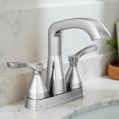 Click here to see Delta 25776-PR-MPU-DST Delta Stryke Angled Spout Centerset Lavatory Faucet With Metal Pop-Up, DIAMOND Seal, Lever Handles, 1.2 GPM, Lumicoat Chrome - 25776-PR-MPU-DST