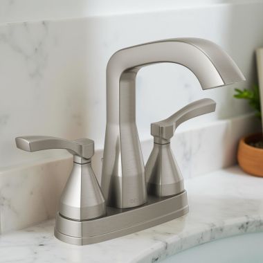 Click here to see Delta 25776-SS-PR-MPU-DST Delta Stryke Angled Spout Centerset Lavatory Faucet With Metal Pop-Up, DIAMOND Seal, Lever Handles, 1.2 GPM, Lumicoat Stainless - 25776-SS-PR-MPU-DST