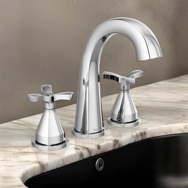 Click here to see Delta 357756-PR-MPU-DST Delta Stryke Widespread Bathroom Faucet With Metal Pop-Up, Deck Mount, Two Handles, DIAMOND Seal, 1.2 GPM, Lumicoat Chrome - 357756-PR-MPU-DST
