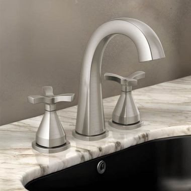 Click here to see Delta 357756-SS-PR-MPU-DST Delta Stryke Widespread Bathroom Faucet With Metal Pop-Up, Deck Mount, Two Handles, DIAMOND Seal, 1.2 GPM, Lumicoat Stainless - 357756-SS-PR-MPU-DST