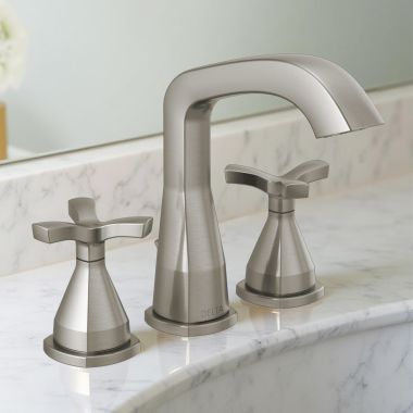 Click here to see Delta 357766-SS-PR-MPU-DST Delta Stryke Widespread Faucet With Metal Pop-Up, Helo Spoke Handles, DIAMOND Seal, ADA, 1.2 GPM, Lumicoat Stainless - 357766-SS-PR-MPU-DST