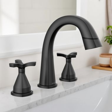 Click here to see Delta 357756-BLPD-DST Delta Stryke Widespread Bathroom Faucet, Two Handles, DIAMOND Seal, MagnaTite, 1.2 GPM, Matte Black - 357756-BLPD-DST