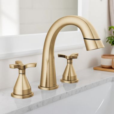 Click here to see Delta 357756-CZPD-PR-DST Delta Stryke Widespread Bathroom Faucet, Two Handles, DIAMOND Seal, MagnaTite, 1.2 GPM, Lumicoat Champagne Bronze - 357756-CZPD-PR-DST