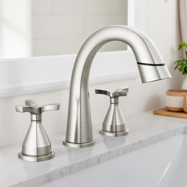 Click here to see Delta 357756-SSPD-PR-DST Delta Stryke Widespread Bathroom Faucet, Two Handles, DIAMOND Seal, MagnaTite, 1.2 GPM, Lumicoat Stainless - 357756-SSPD-PR-DST