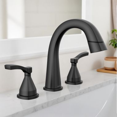 Click here to see Delta 35775-BLPD-DST Delta Stryke Widespread Bathroom Faucet, Two Handles, DIAMOND Seal, MagnaTite, ADA, 1.2 GPM, Matte Black - 35775-BLPD-DST