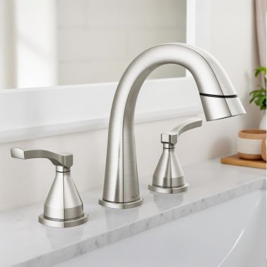 Click here to see Delta 35775-SSPD-PR-DST Delta Stryke Widespread Bathroom Faucet, Two Handles, DIAMOND Seal, MagnaTite, ADA, 1.2 GPM, Lumicoat Stainless - 35775-SSPD-PR-DST
