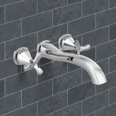 Click here to see Delta T57766-PR-WL Delta Stryke Two-Handle Wall-Mount Tub Faucet Trim, Helo-Spoke Handles, 8 GPM, Lumicoat Chrome - T57766-PR-WL