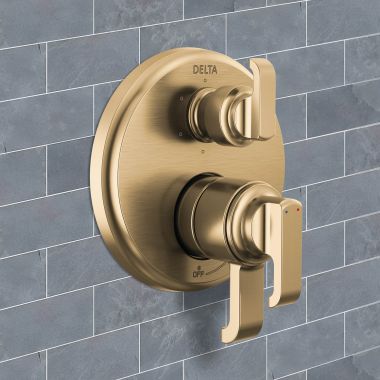 Click here to see Delta T27989-CZ-PR Delta Tetra Monitor 17 Six-Function Diverter Pressure Balance Valve Trim, ADA, 5.8 GPM, Lumicoat Champagne Bronze - T27989-CZ-PR