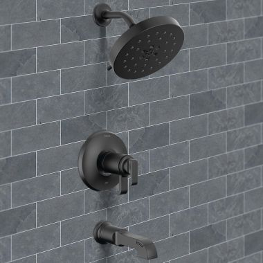 Click here to see Delta T17T489-BL Delta Tetra TempAssure 17T Series H2Okinetic Tub And Shower Faucet with 4-Setting Showerhead, 1.75 GPM, Two Lever Handles, Matte Black - T17T489-BL