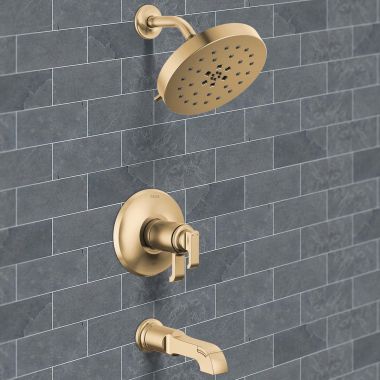 Click here to see Delta T17T489-CZ-PR Delta Tetra TempAssure 17T Series H2Okinetic Tub And Shower Faucet with 4-Setting Showerhead, 1.75 GPM, Lumicoat Champagne Bronze - T17T489-CZ-PR