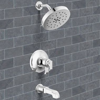 Click here to see Delta T17T489-PR Delta Tetra TempAssure 17T Series H2Okinetic Tub And Shower Faucet with 4-Setting Showerhead, 1.75 GPM, Lumicoat Chrome - T17T489-PR