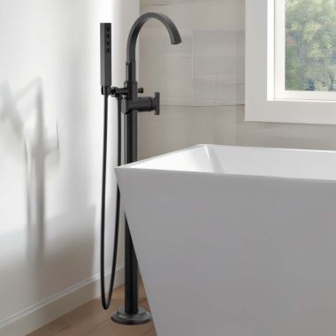 Click here to see Delta T4788-BLLHP-FL Delta Tetra Freestanding Tub Filler with 1.75 GPM Hand Shower, High Arc Spout, Less Handles, 10 GPM, Matte Black - T4788-BLLHP-FL