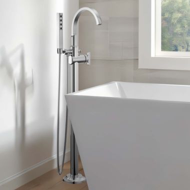 Click here to see Delta T4788-PR-LHP-FL Delta Tetra Freestanding Tub Filler with 1.75 GPM Hand Shower, High Arc Spout, Less Handles, 10 GPM, Lumicoat Chrome - T4788-PR-LHP-FL